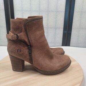 Born Distressed Leather Brown Taupe Heeled Ankle Boots Women US 9
